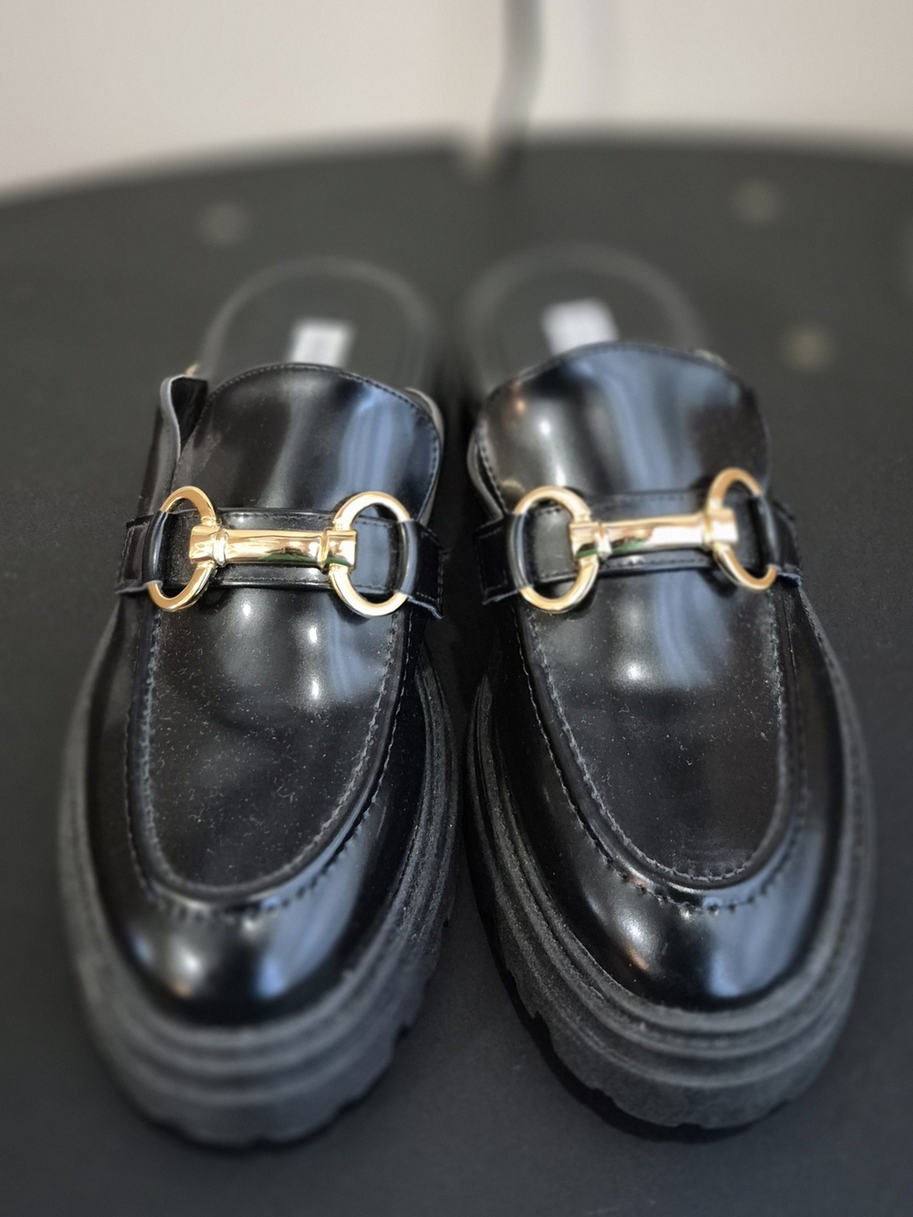 Steve Madden Black Leather Gold-Bit Mule Clogs